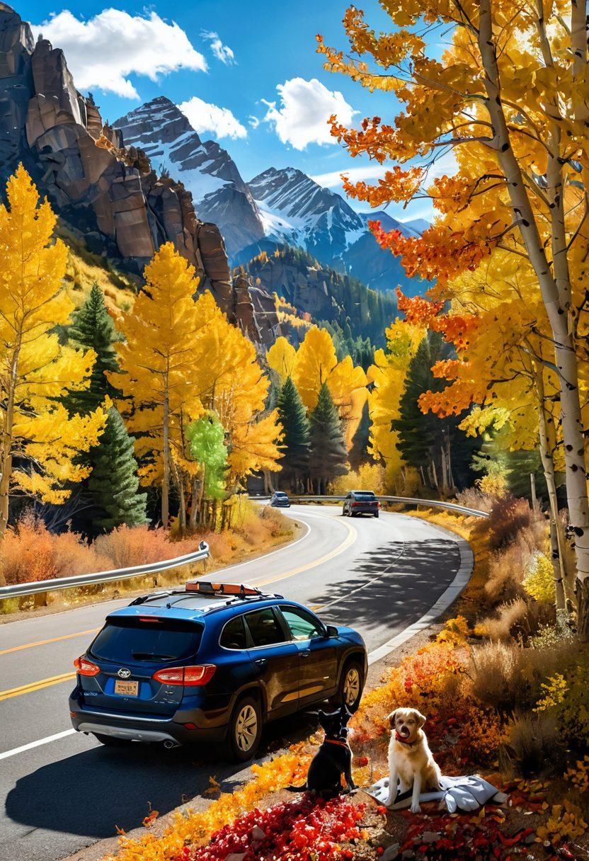 A scenic Colorado landscape featuring a winding road with majestic mountains in the background, a car packed with travel gear and a friendly dog peeking out of the window, and colorful autumn leaves lining the roadside. Add visual elements of road signs indicating permits and registration for road travel, with an inviting sky and sunlight filtering through the trees. super-realistic. vibrant colors. 3D.