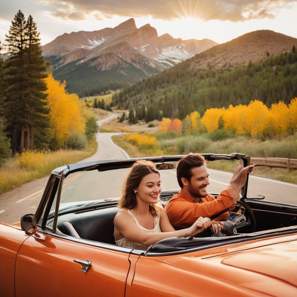 A romantic couple joyfully driving a vintage convertible along the scenic highways of Colorado, surrounded by majestic mountains and lush forests. Their expressions reflect adventure and love, with the sun setting in warm hues behind them. Include roadside signs displaying vehicle service information and regulations to emphasize the blog theme. Incorporate a blend of rustic and contemporary elements to capture the essence of travel and romance. vibrant colors. painting.